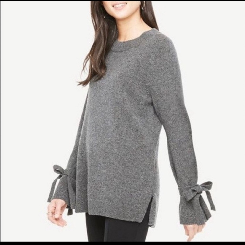 Ann Taylor Tie Sleeves Gray Wool Cashmere Blend Tunic Sweater Size Small